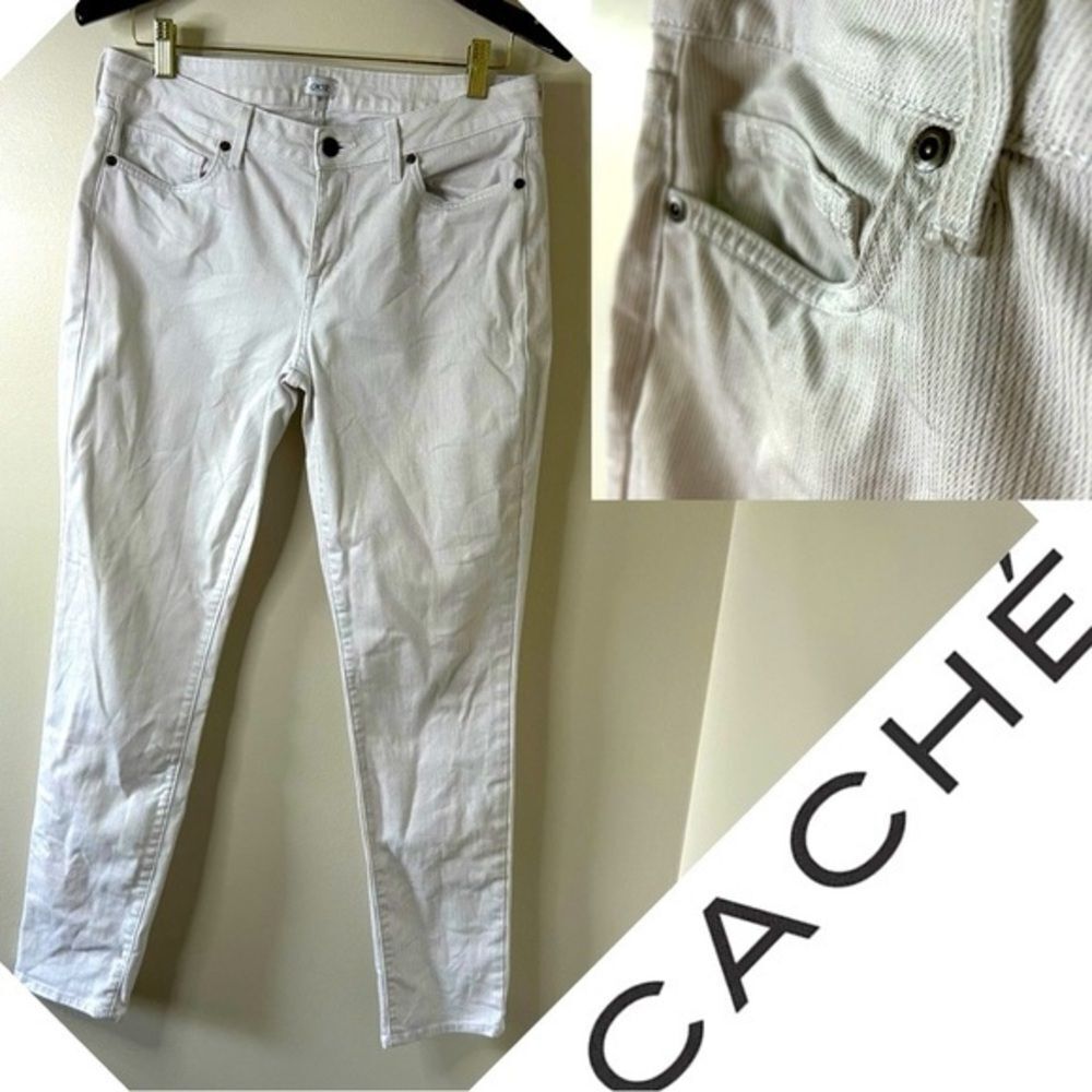 Cache Cream Skinny Jean Pants Shimmery Metallic Pinstripes 10 Made in USA Preppy - Picture 6 of 13